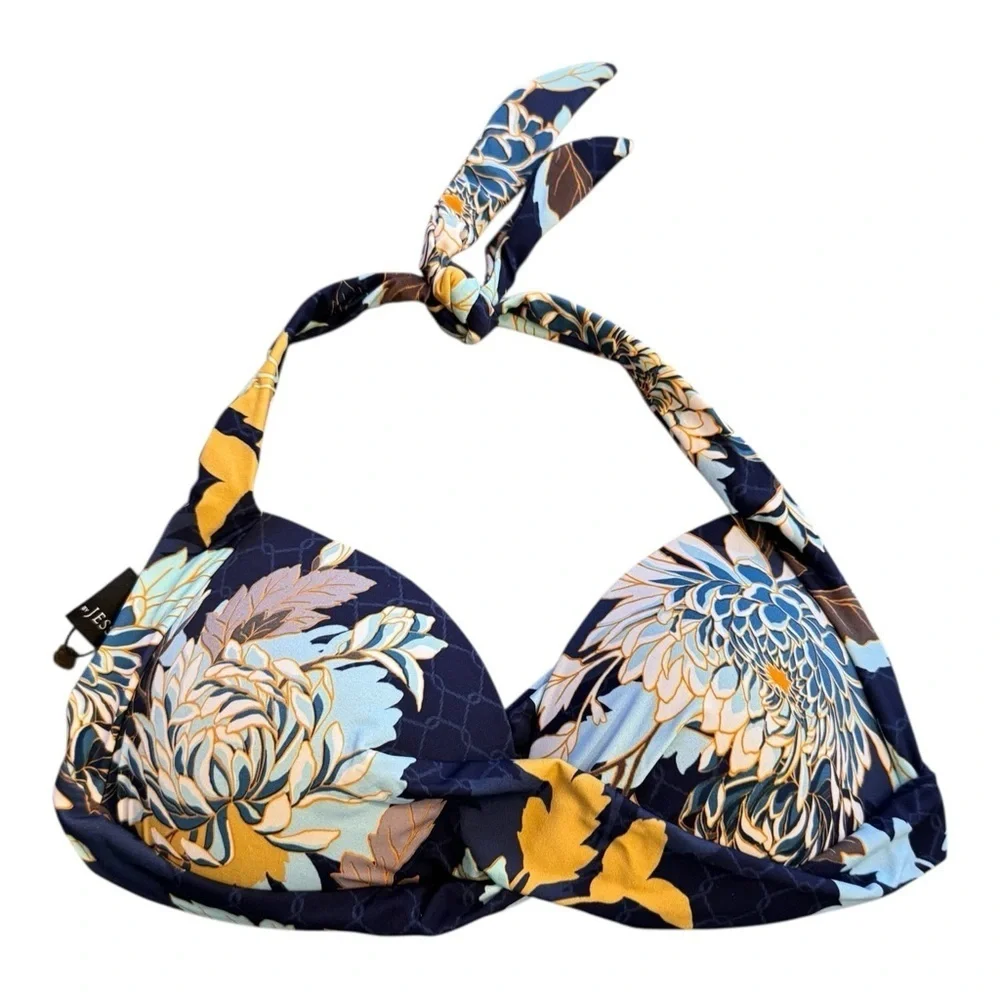 JETS by Jessika Allen 50's Twist Halter Bikini Top in blue floral NWT
